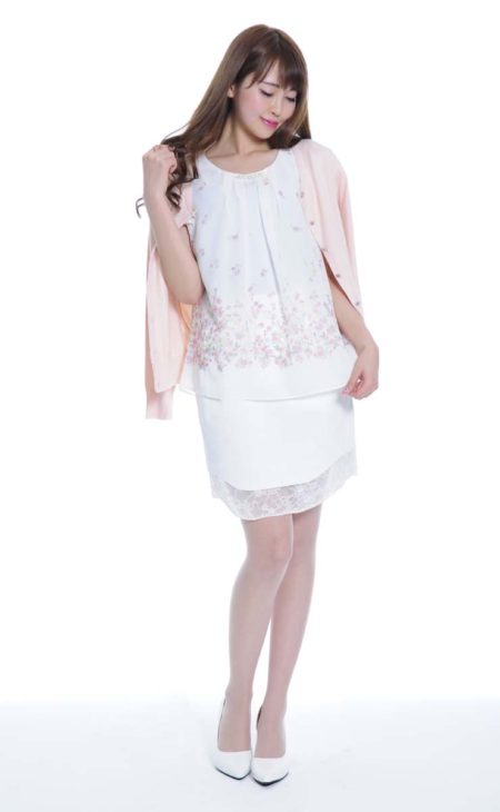 ピンクカーディガン×花柄トップス×レーススカート(Apuweiser-riche/JILL STUART)