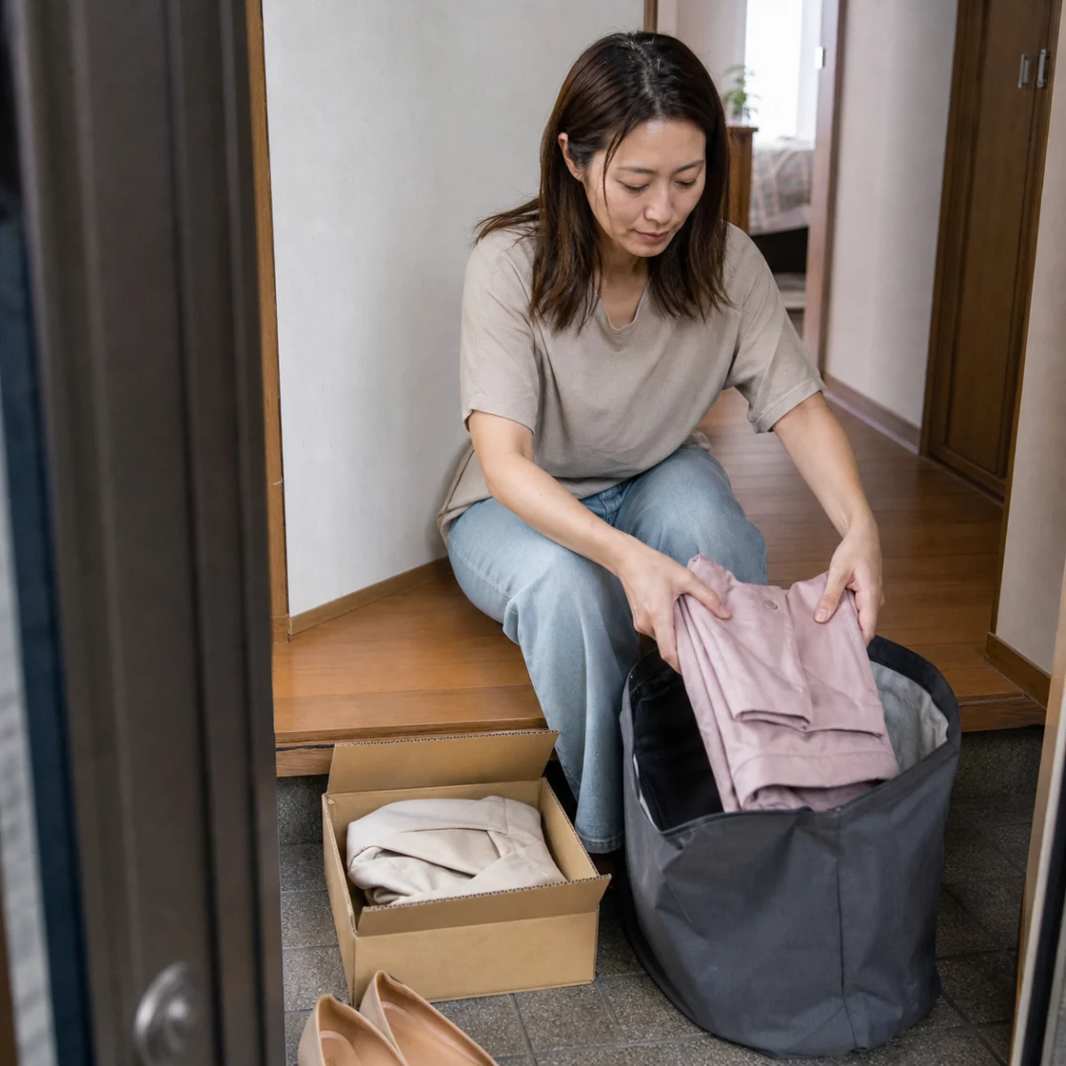 返却袋に服を入れて次のコーデへ交換する女性
