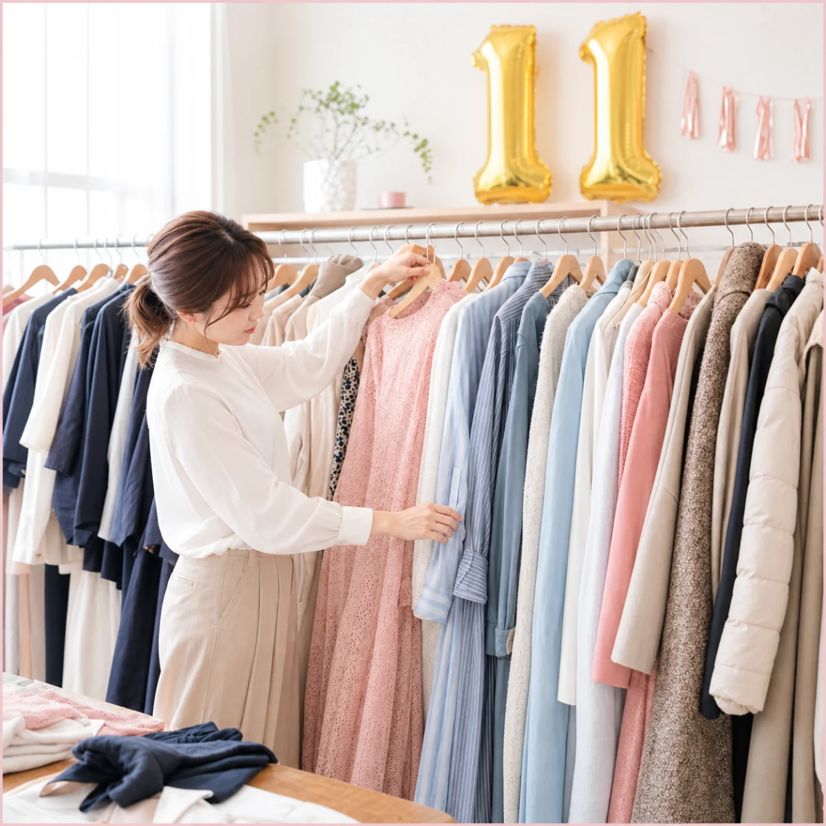 豊富な洋服のなかからコーデを選ぶ様子