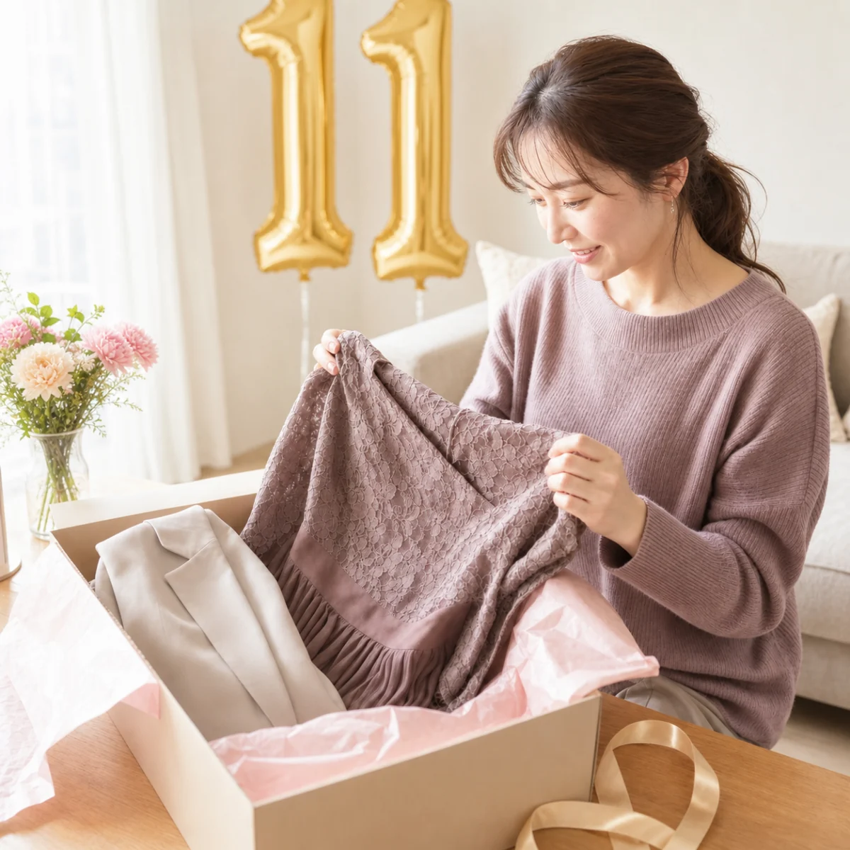 届いたお洋服を手に取る女性