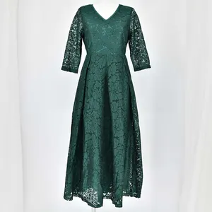 Lace Ladies 七分袖レースフォーマルロングワンピースドレス
