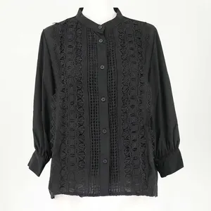 moment+ シフォンジョーゼットスタンドカラーフロントレースシャツ
