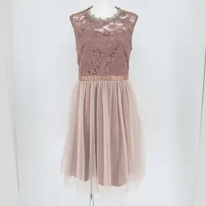 DRESS STAR レース×チュールドッキングバックレースアップワンピースパーティドレス